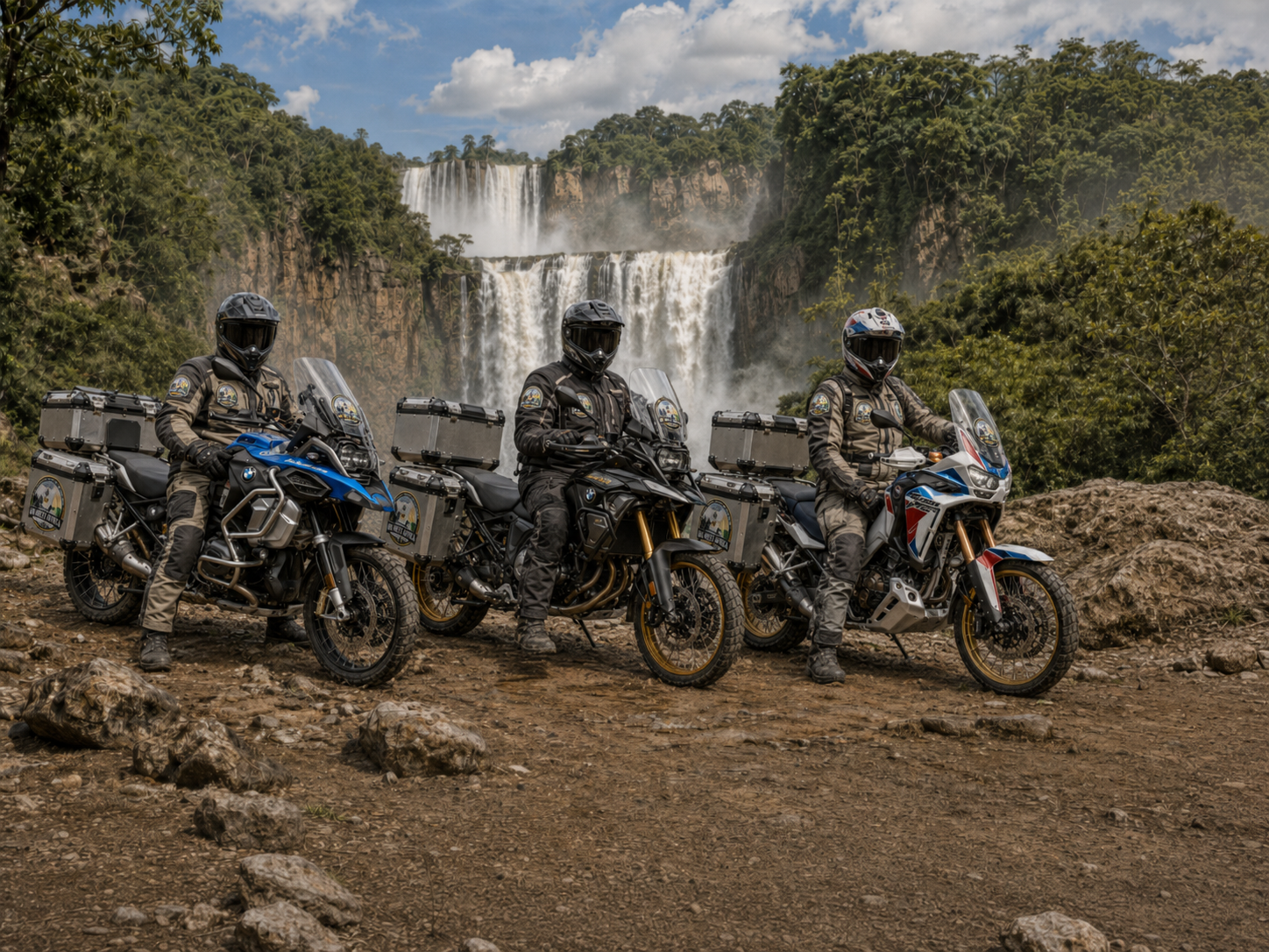 Three adventure riders posed in front of a waterfall