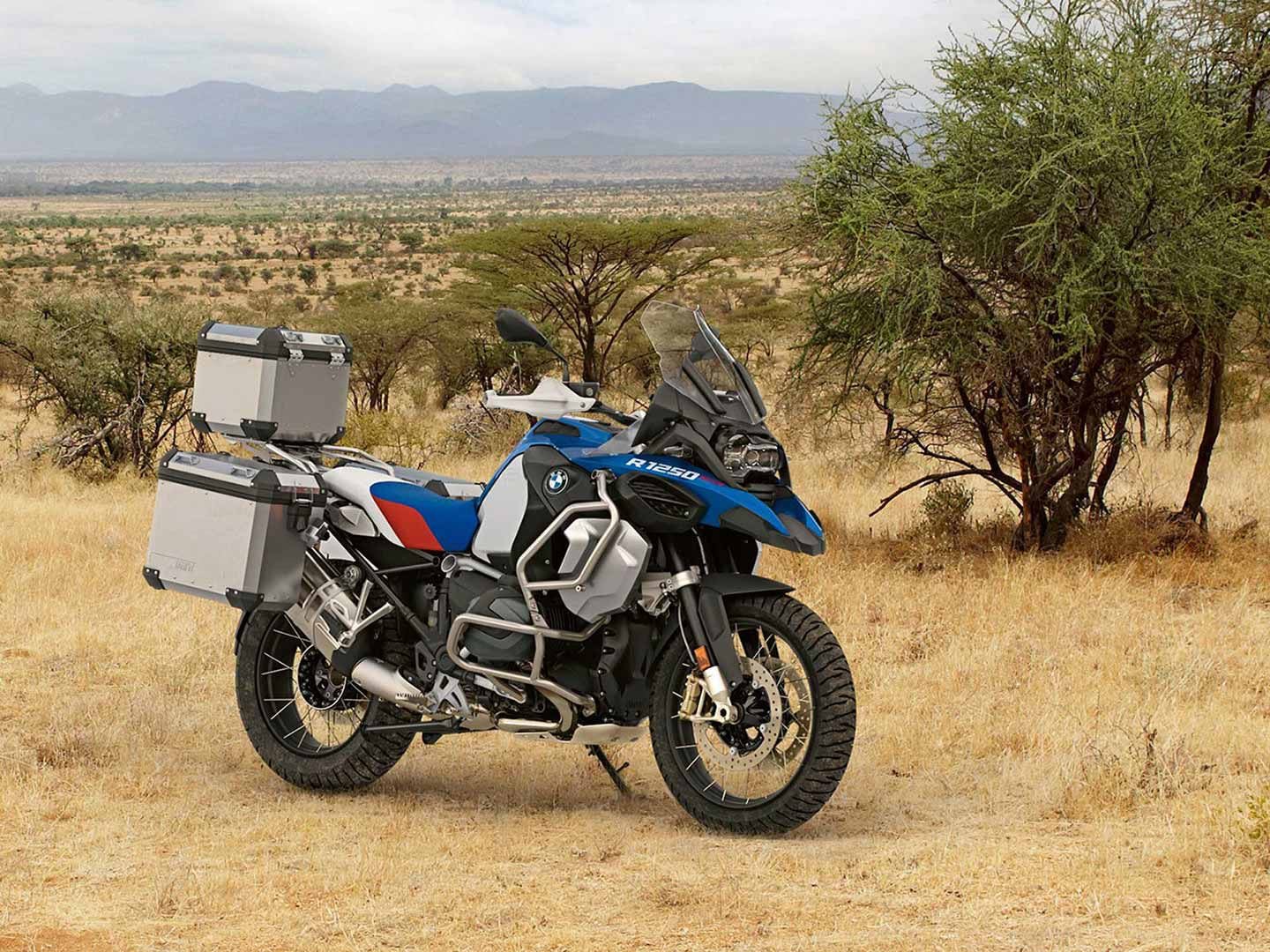 BMW R 1250 GS Adventure with panniers in African savannah