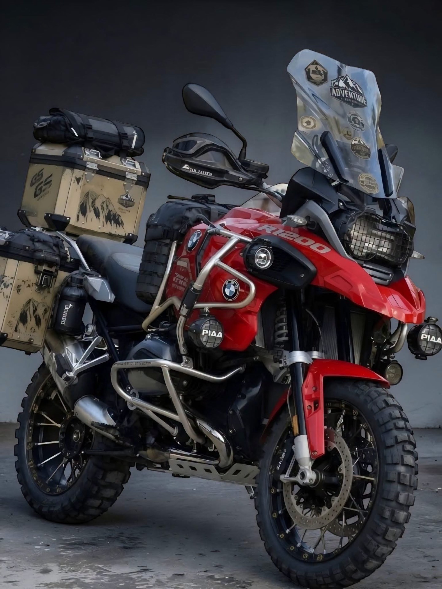 Red BMW R 1200 GS Adventure with expedition luggage