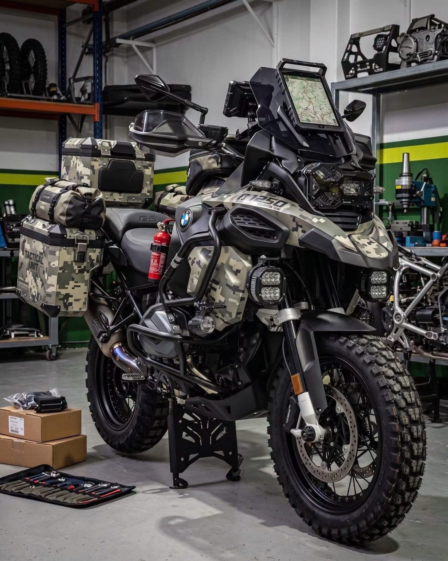 BMW R 1250 GS Tactical Unit with camo panniers in workshop