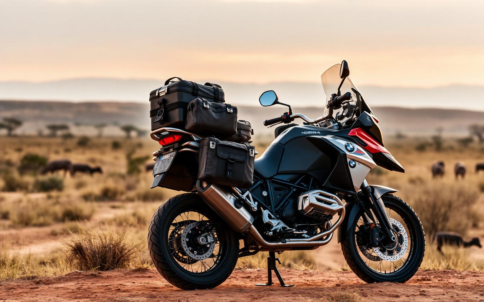 Fully loaded adventure motorcycle in African landscape